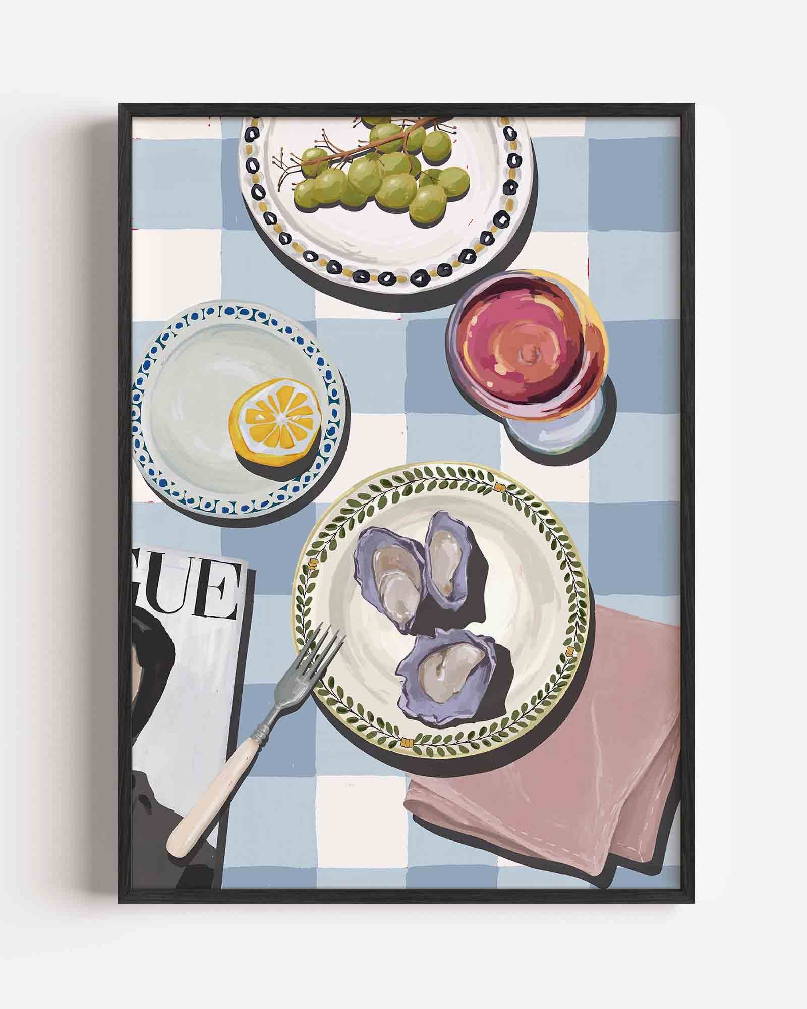 Tafel met druiven en oesters Poster