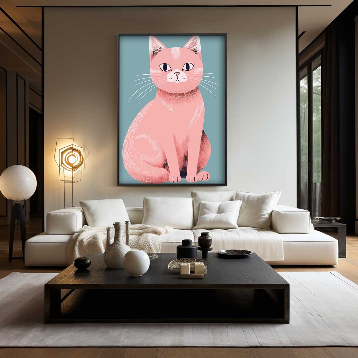 Roze Kat Illustratie Kunstwerk-canvas-dibond-plexiglas-wanddecoratie-WallArtistic