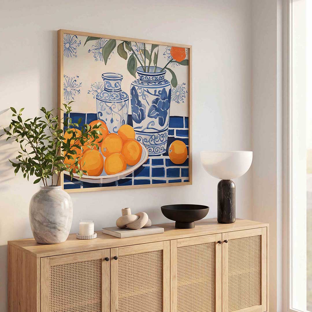 Blauwe vazen en sinaasappels Poster