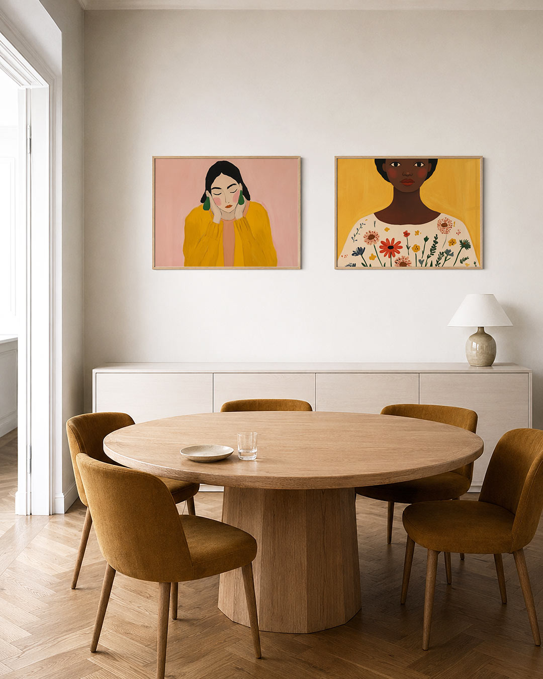 Interieurpresentatie van twee posters met een vrouw met gesloten ogen, omringd door zachte roze tinten en een felgele trui