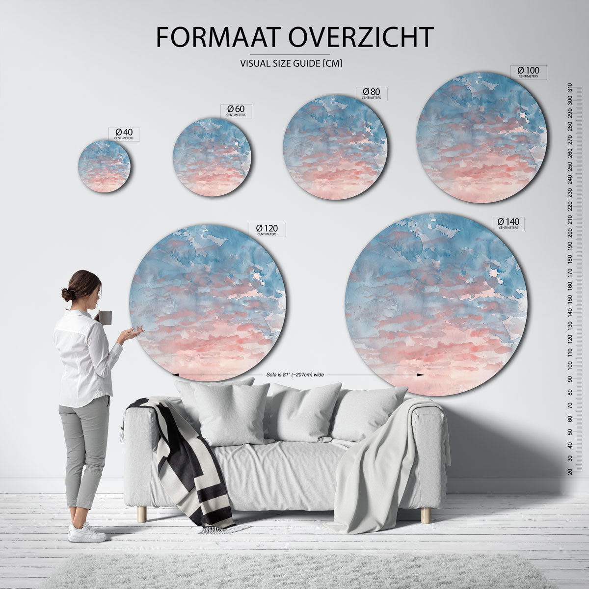 Blauwe en roze wolken Muurcirkel