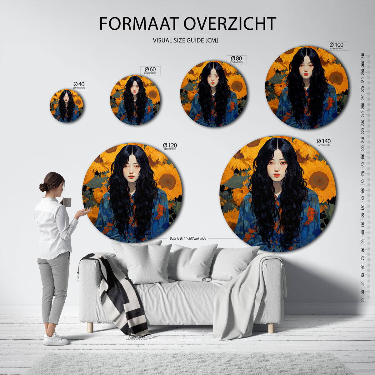 Vrouw met zonnebloemen Muurcirkel