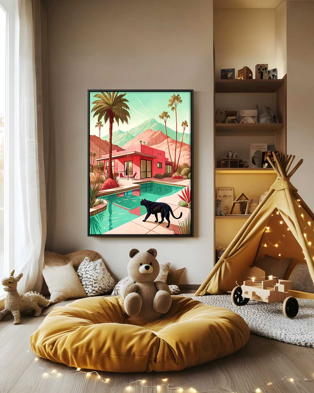 Modernes Traumhaus mit Kunstwerk einer schwarzen Katze