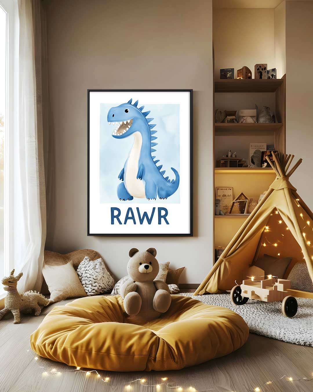 Vrolijke Dino Poster Kunstwerk-canvas-dibond-plexiglas-wanddecoratie-WallArtistic