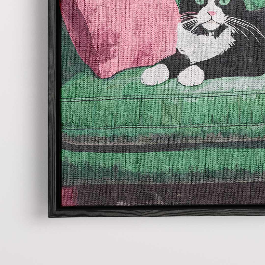 Kunstwerk: Katze auf grüner Bank