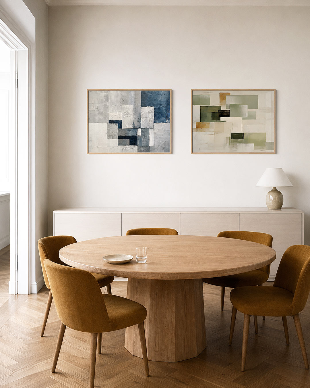 Twee liggende posters met een spel van rechthoeken in grijstinten en blauw, aan de muur in een interieur