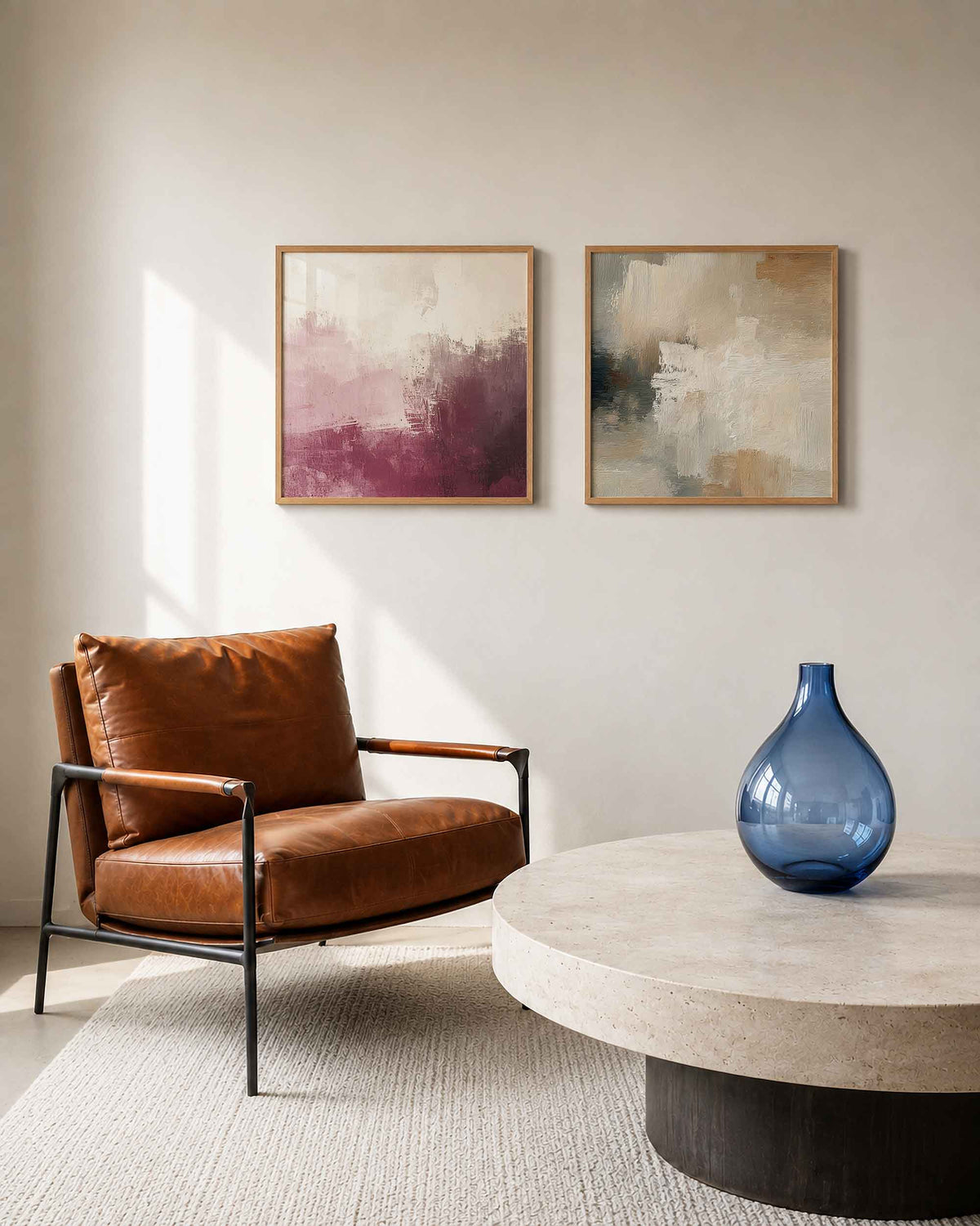 Interieurpresentatie van een tweedelige vierkante posterset met roze en beige textuur