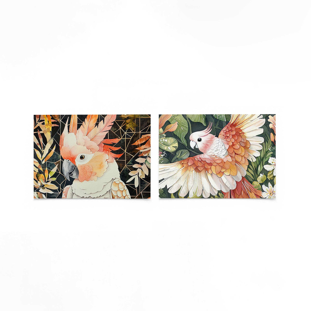 Twee liggende posters met een kleurrijke vogel met zachte veren in oranje en roze tinten op een gebroken witte achtergrond