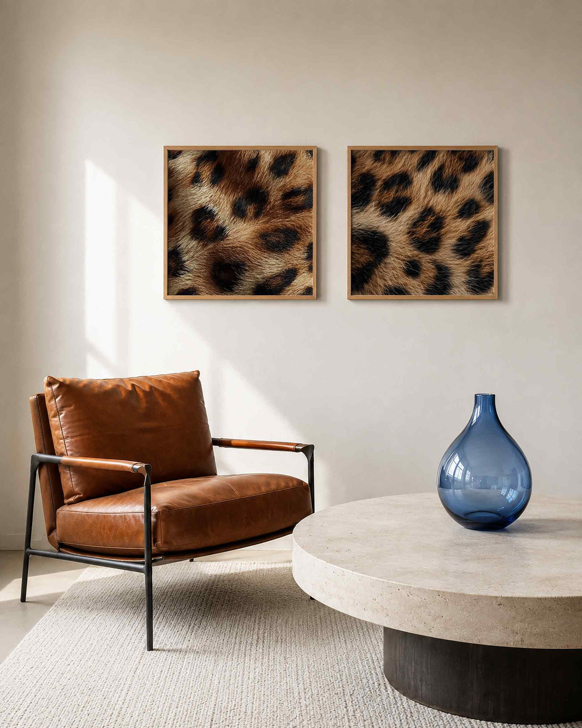 Interieurpresentatie van een tweedelige vierkante posterset met tijgervacht en zebravacht