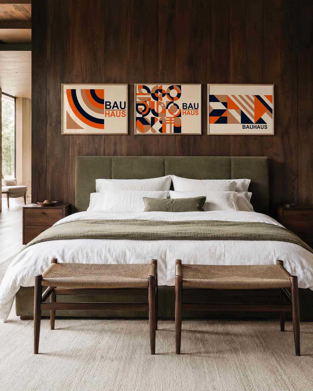 Interieurmockup van drieluik landscape-posterset met koraalbogen en diagonalen