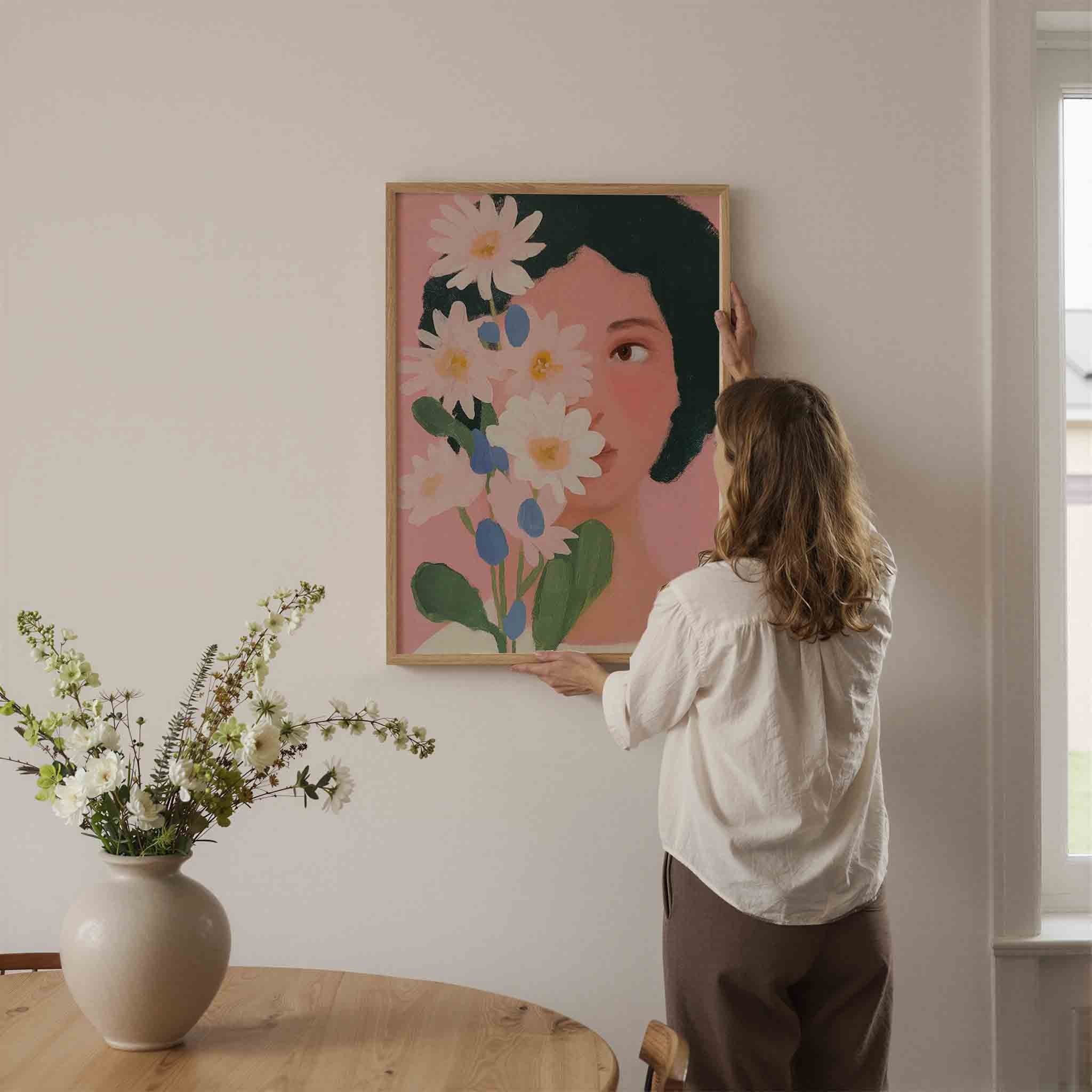 Bloemen en gezicht Poster