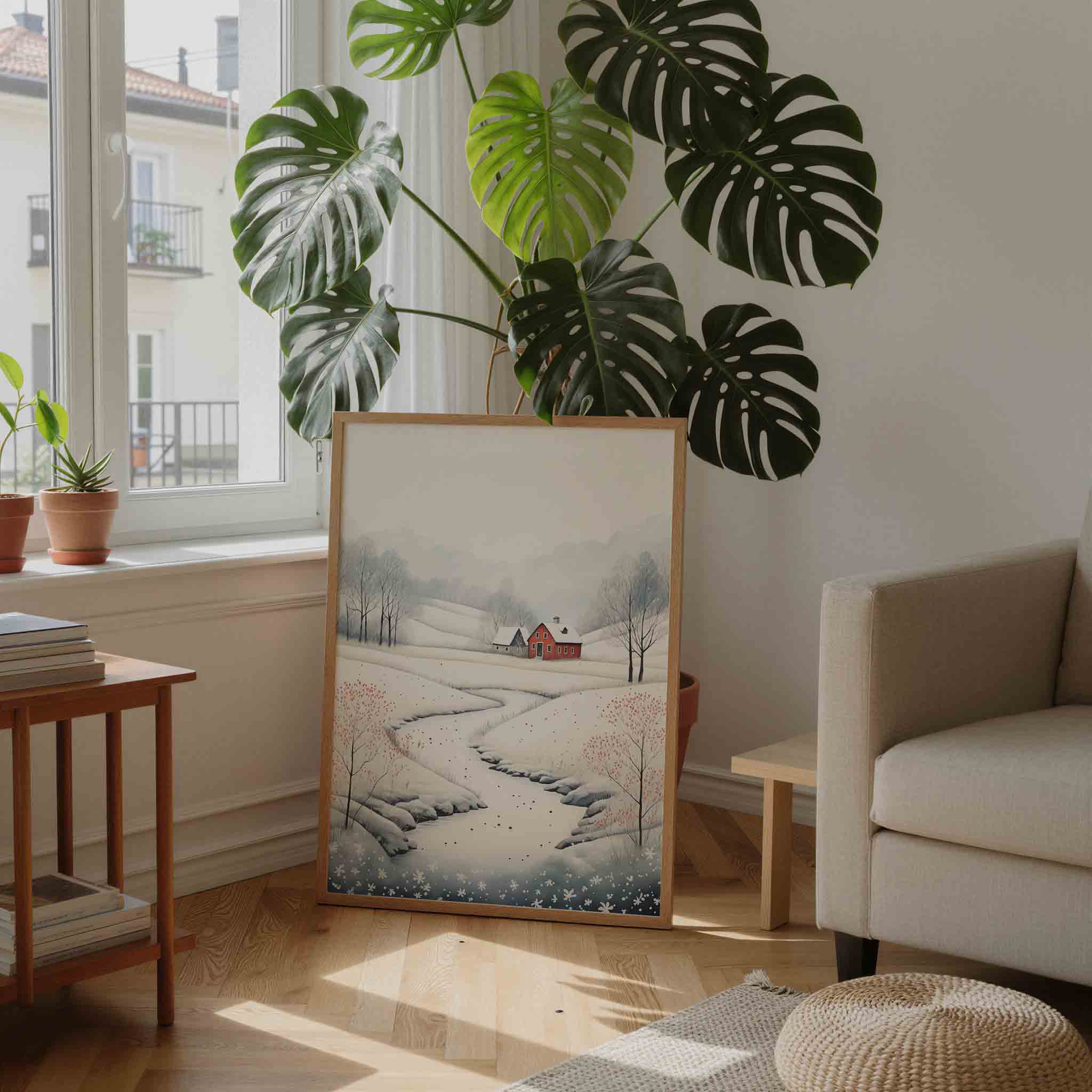 Winterlandschap met rode boerderij Poster