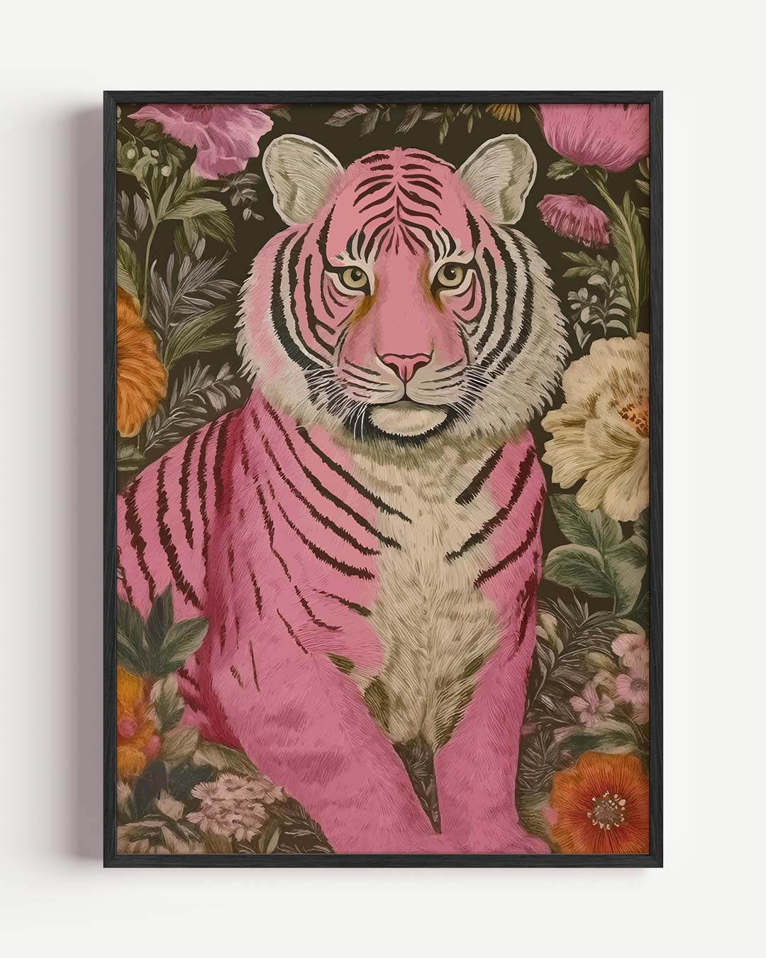 Roze Tijger en Bloemen Poster-WallArtistic