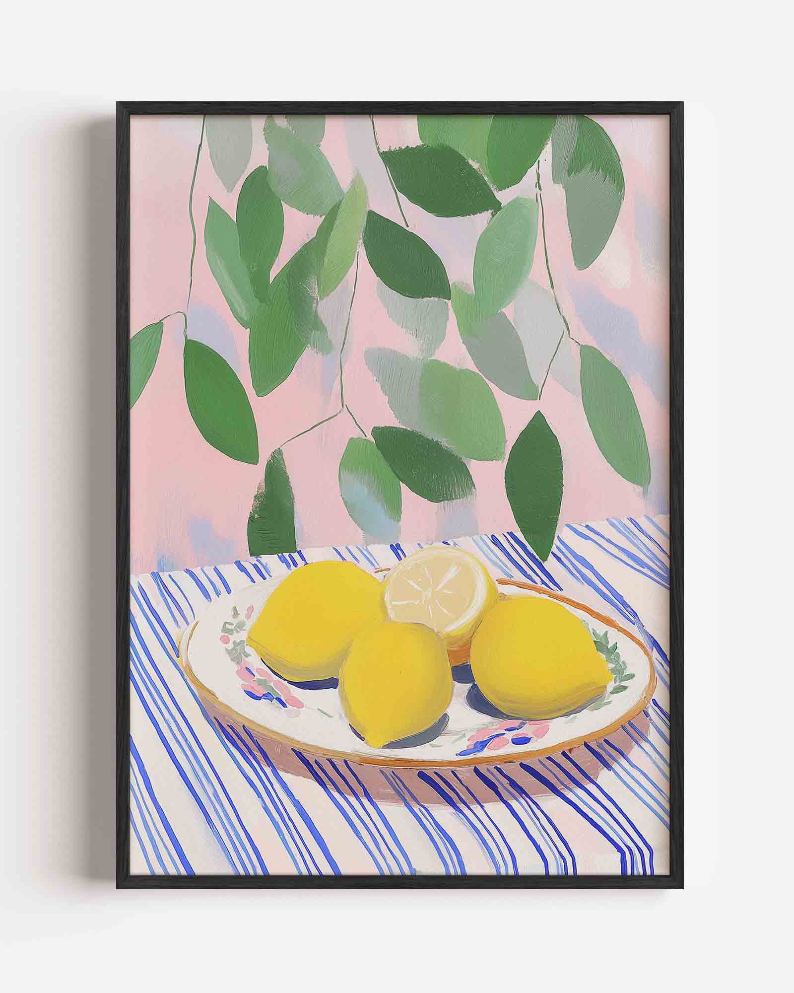Citroenen op gestreept tafelkleed Poster