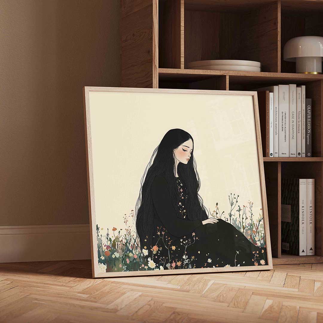 Zittende vrouw in bloemenveld Poster