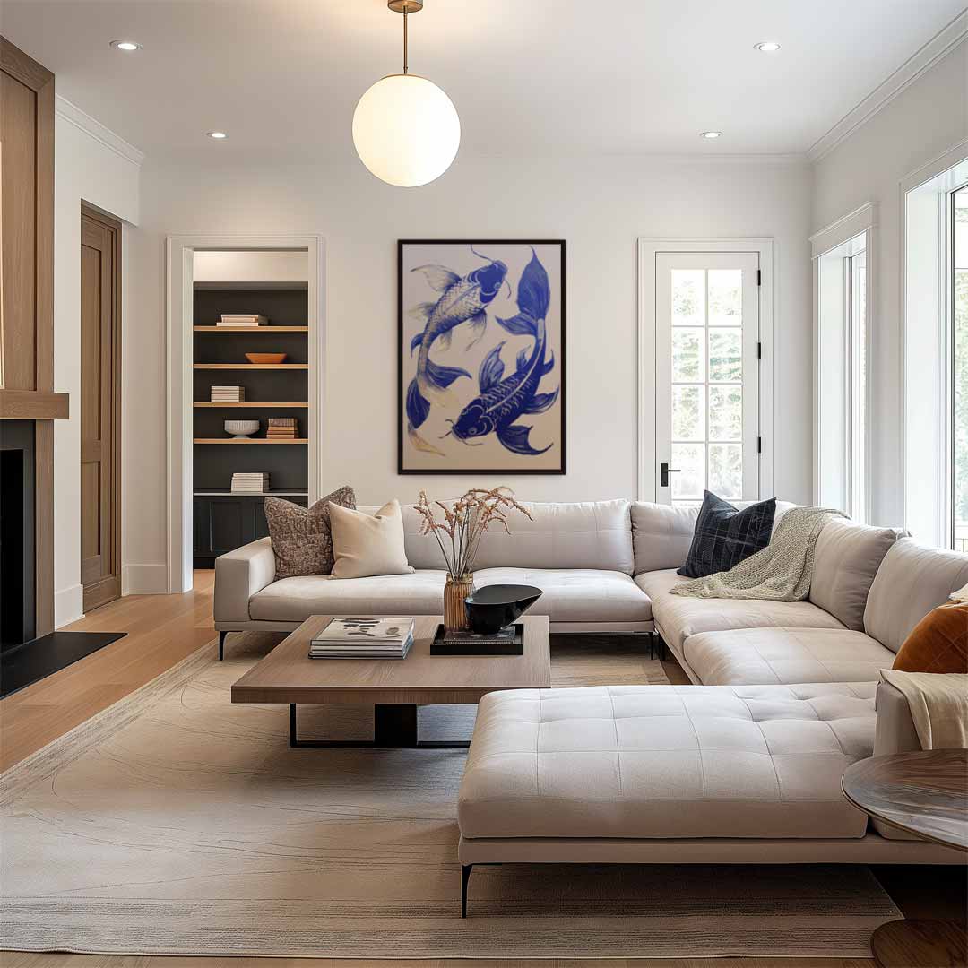 Kunstwerk: Tanzende Kois in blauer Pracht