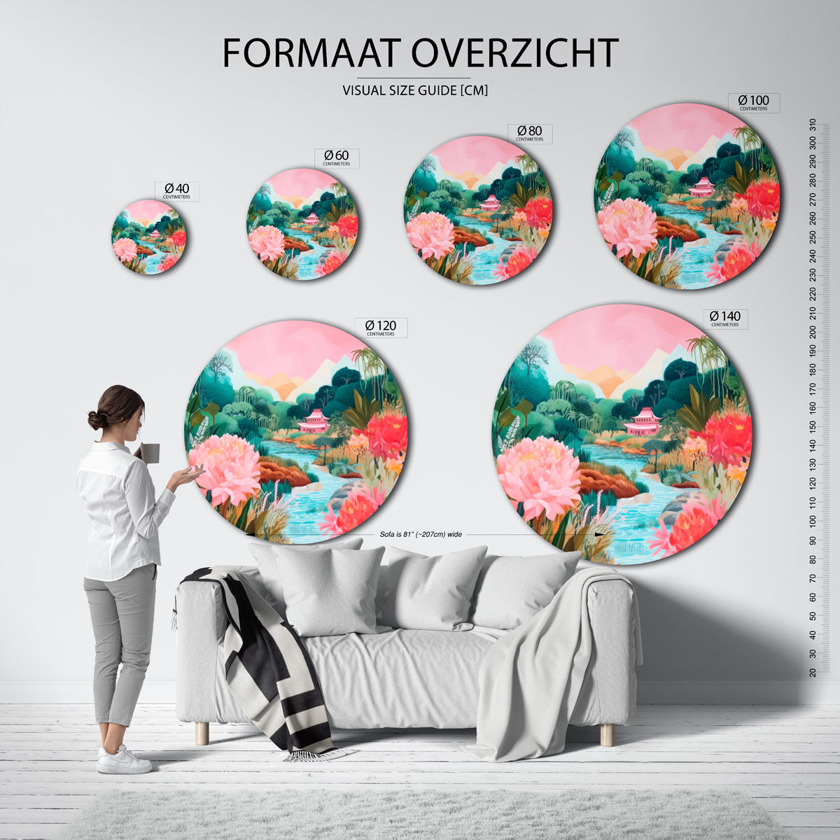 Landschap met bloemen en tempel Muurcirkel