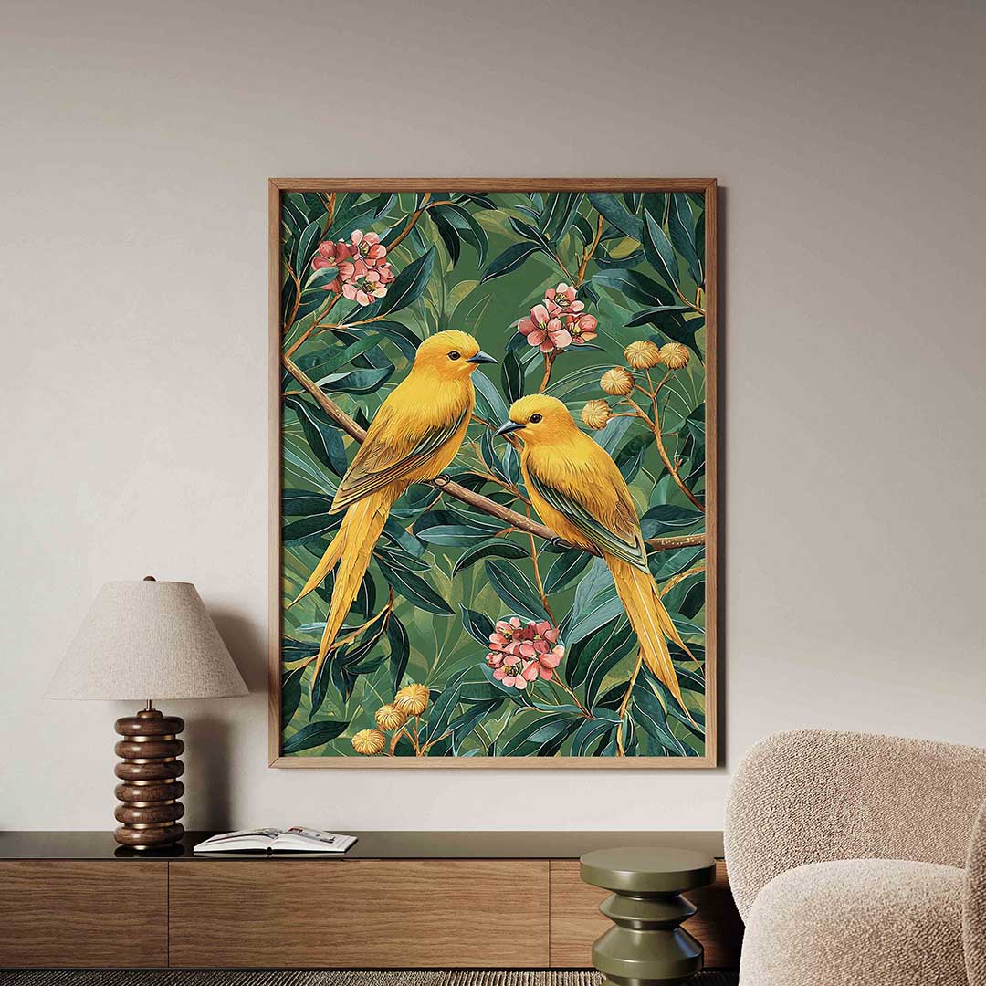 Gele vogels en bloemen Poster