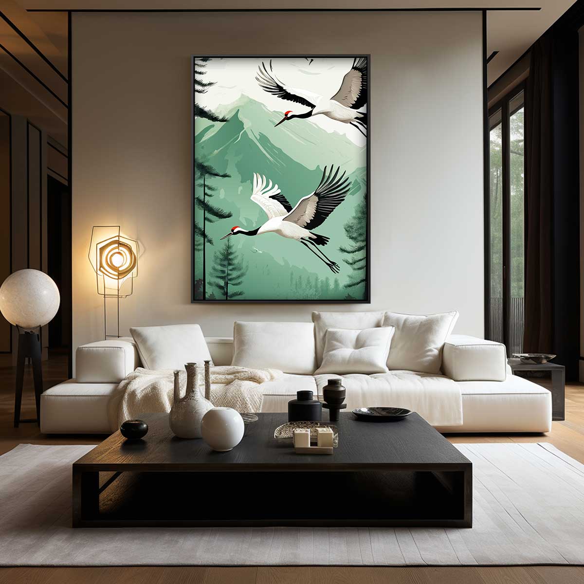 Kunstwerk: Fliegende Kraniche in einer Berglandschaft