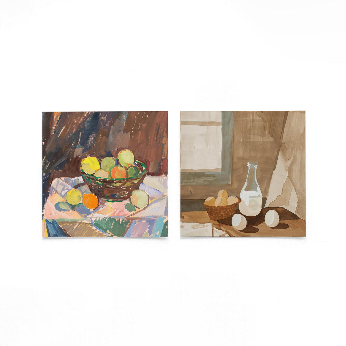 Twee vierkante posters met fruit en stilleven op een gebroken witte achtergrond