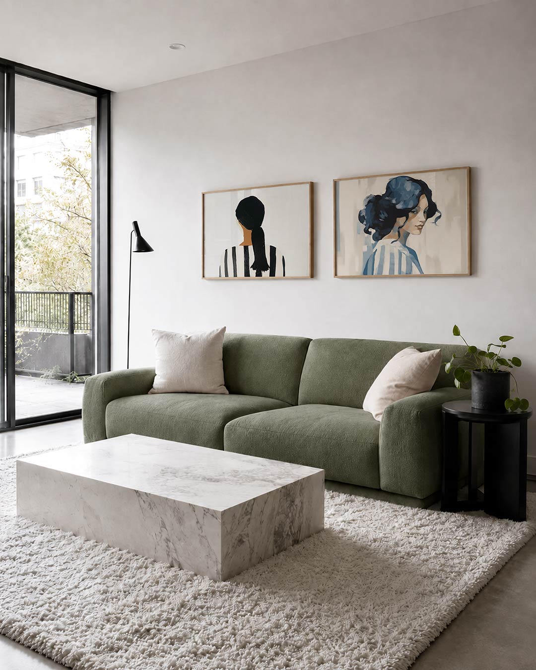 Tweedelige posterset met een silhouet met een donkere haardos en een gestreept patroon, getoond in een interieur