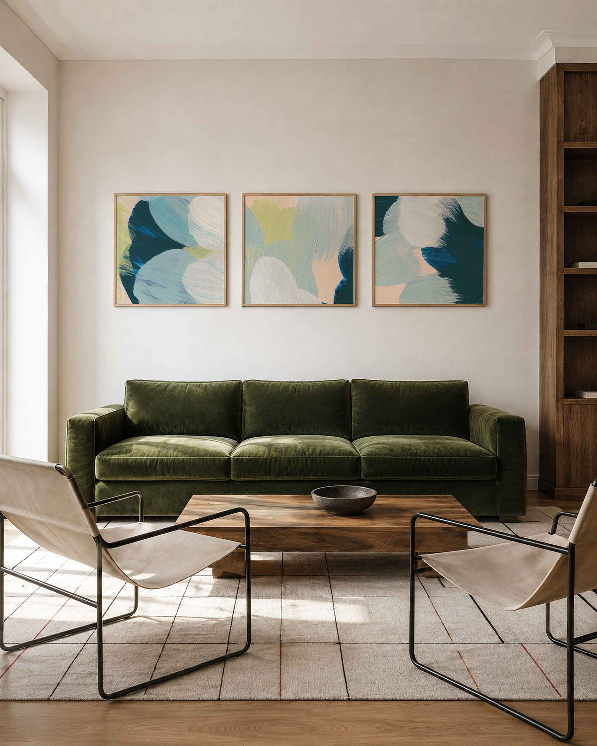 Interieurpresentatie van een driedelige vierkante posterset met abstracte penseelstreken