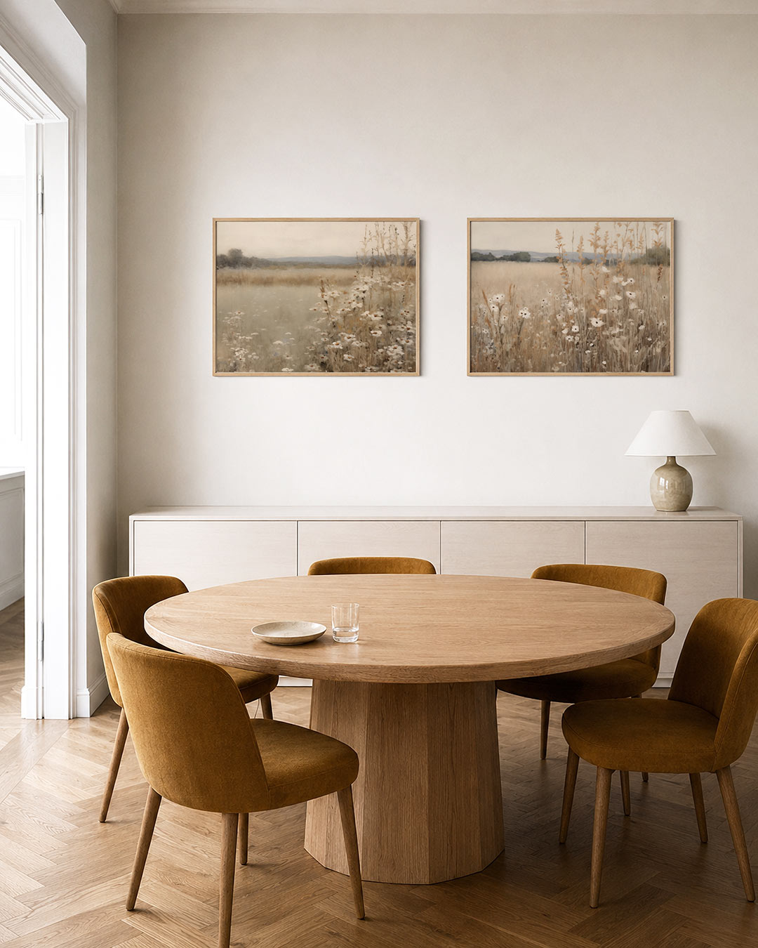 Twee liggende posters met een zacht glooiend landschap met delicate bloemen, aan de muur in een interieur