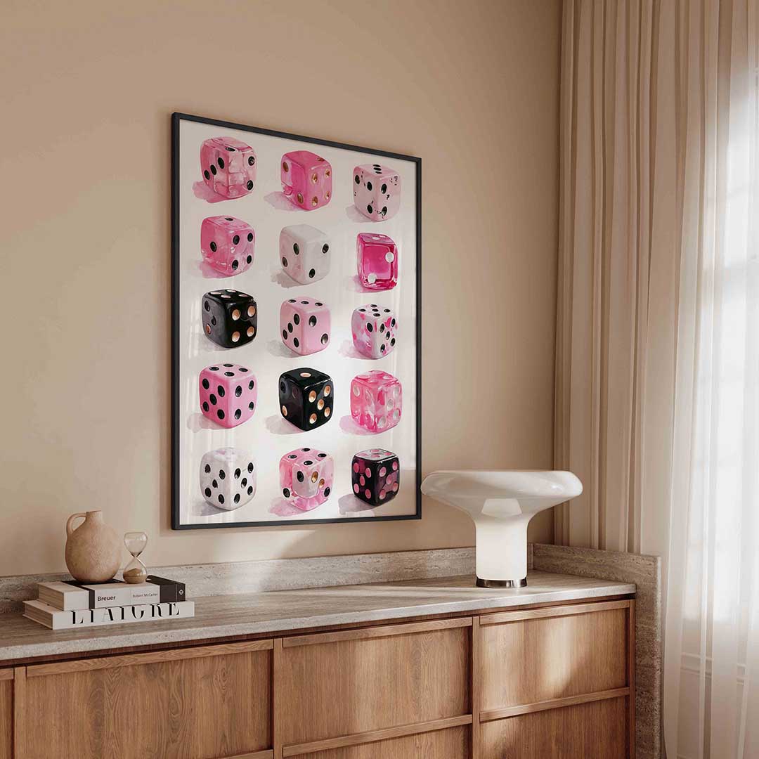 Dobbelstenen in roze en zwart Poster