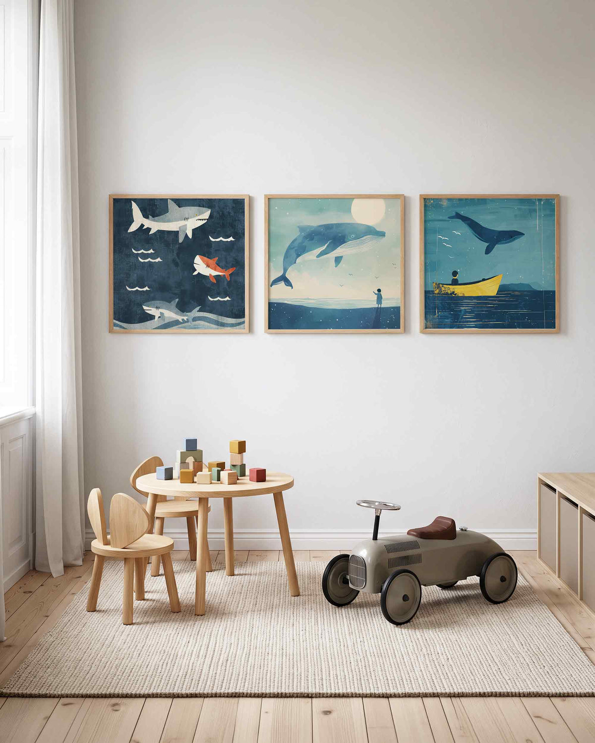 Interieurpresentatie van een driedelige vierkante posterset met walvissen en haaien