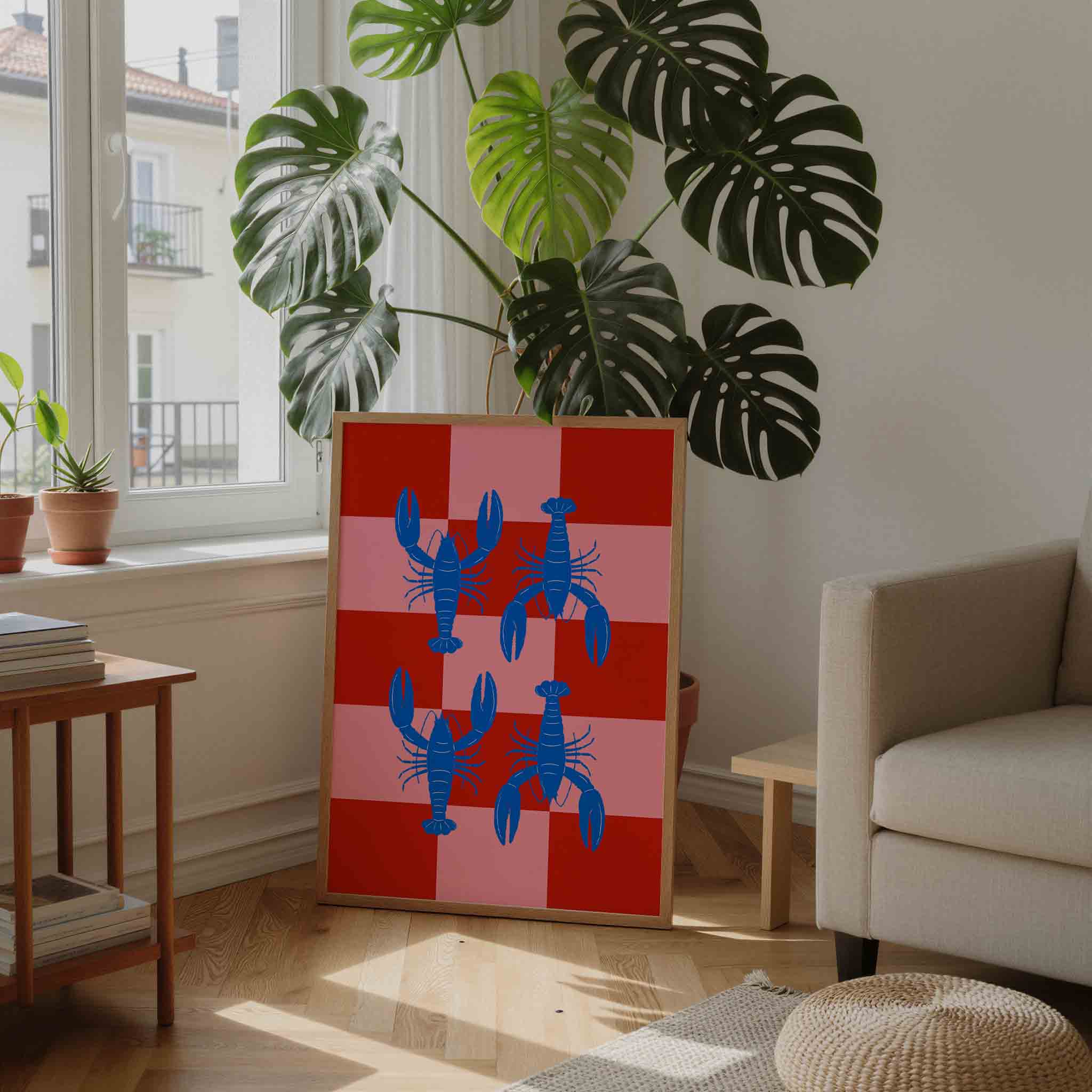 Blauwe kreeften op geruite achtergrond Poster