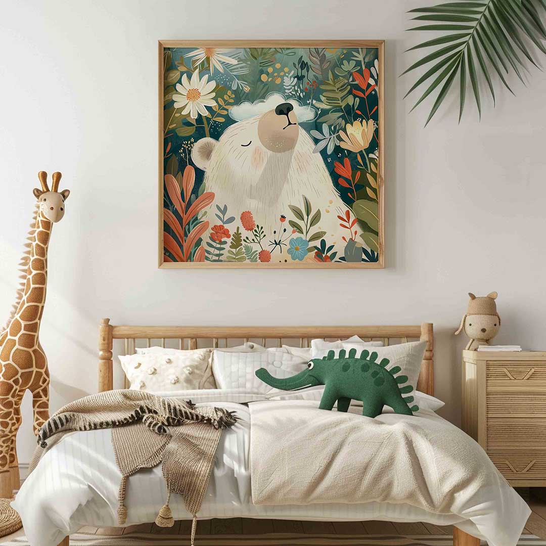 Witte beer en bloemen Poster
