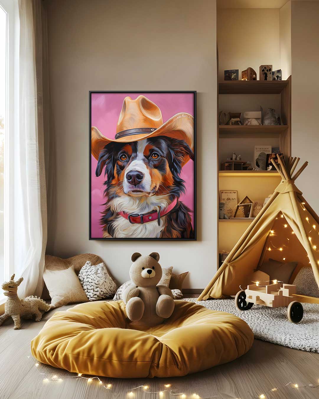 Tough Dog Cowboy auf pinkfarbenem Kunstwerk