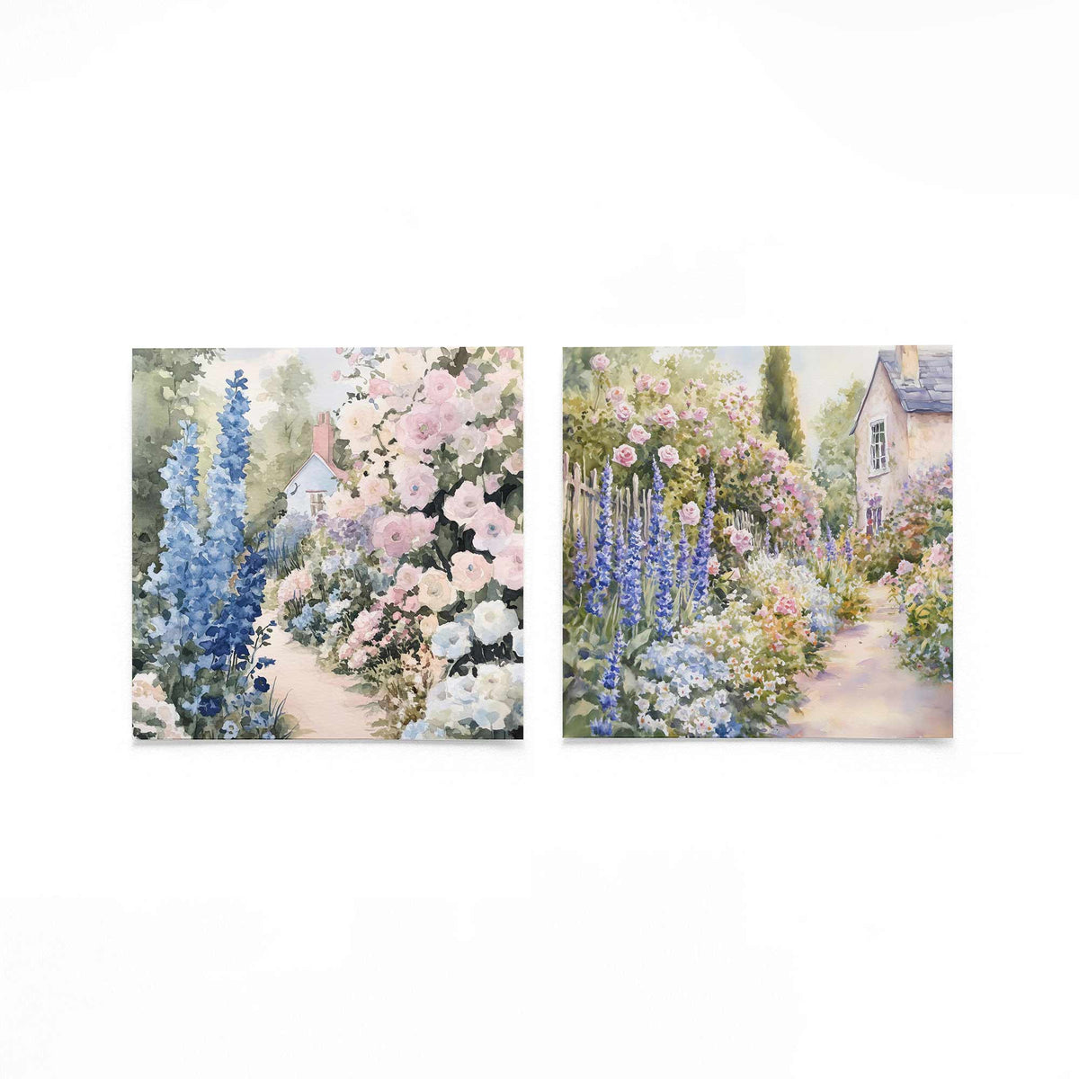 Twee vierkante posters met bloementuin met huis op een gebroken witte achtergrond