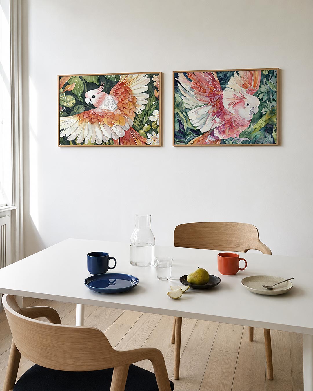 Tweedelige posterset met een kleurrijke vogel met roze en oranje veren boven een achtergrond, getoond in een interieur
