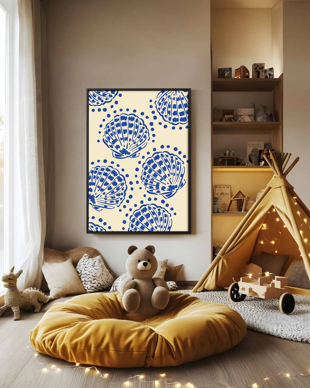 Blauwe Schelpenpatroon Kunstwerk-canvas-dibond-plexiglas-wanddecoratie-WallArtistic