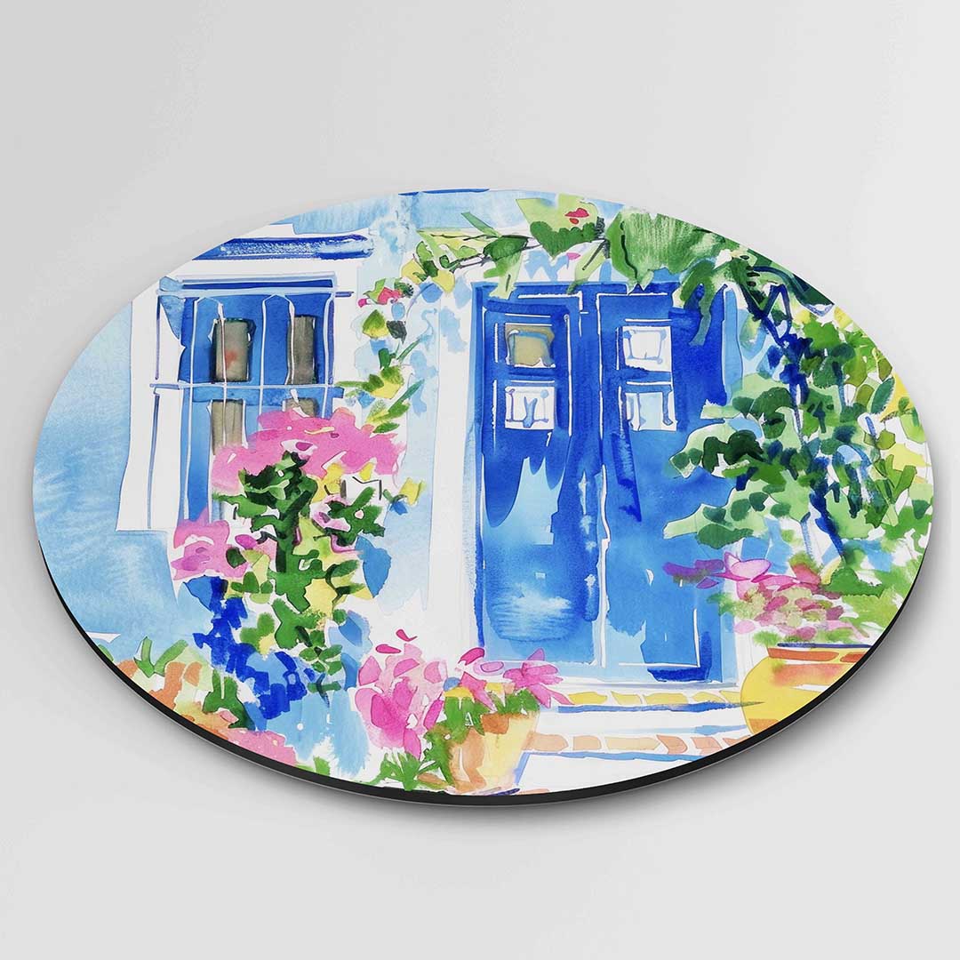 Blauwe deur met bloemen Muurcirkel