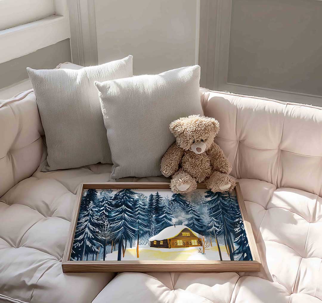 Winterlandschap met houten huis Poster