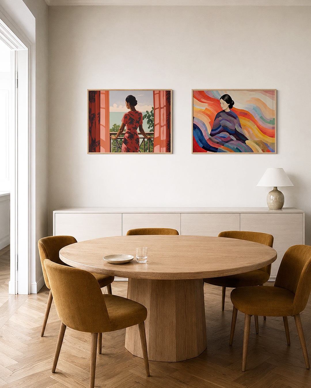 Twee liggende posters met een vrouw in een jurk met donkere patronen op een balkon, aan de muur in een interieur