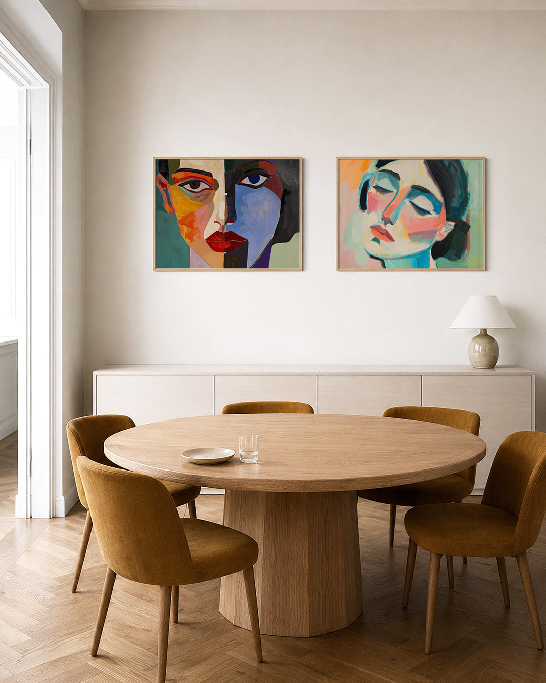 Tweedelige posterset met een gezicht verdeeld in twee helften met contrasterende kleuren, getoond in een interieur