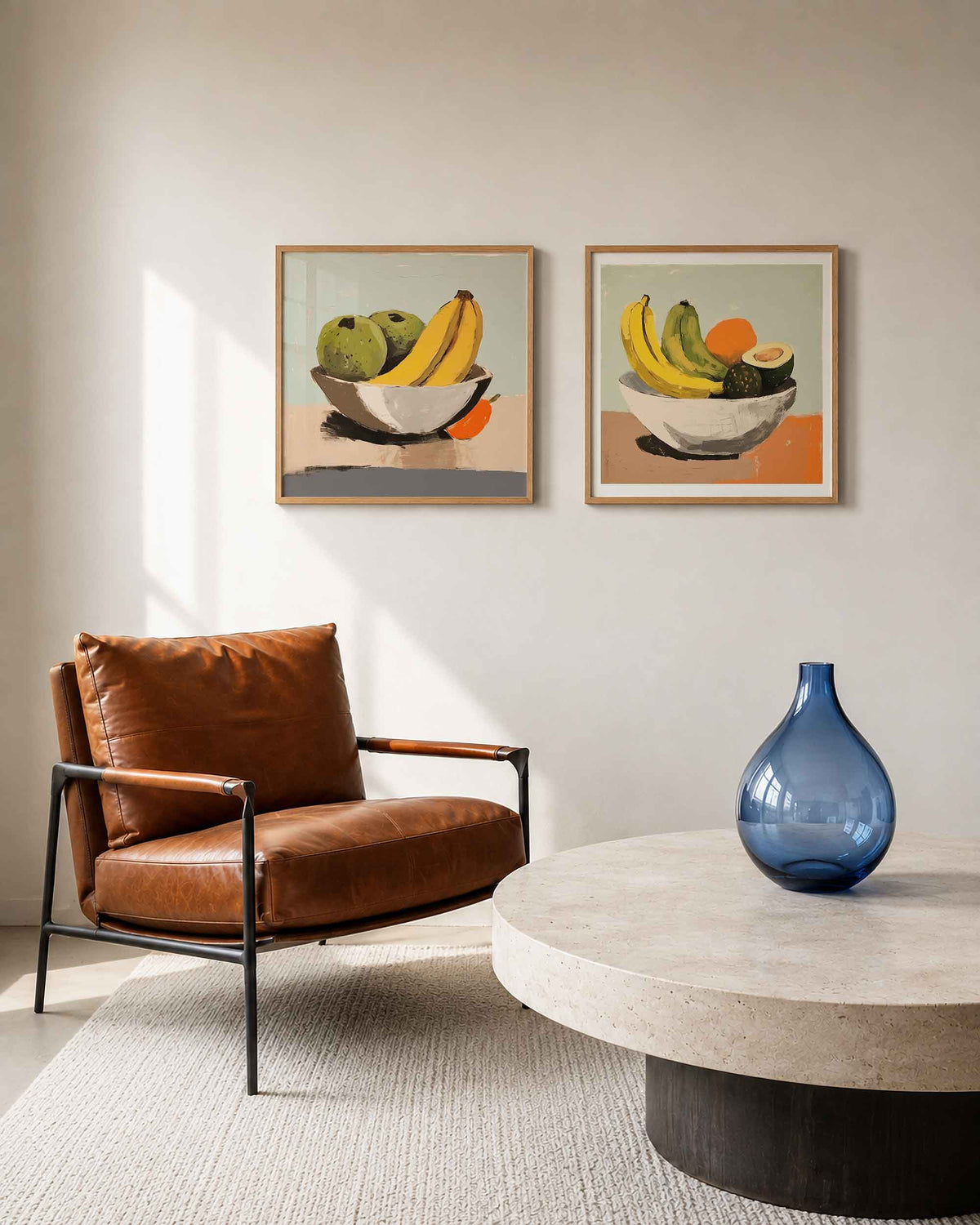Interieurpresentatie van een tweedelige vierkante posterset met fruit in schalen