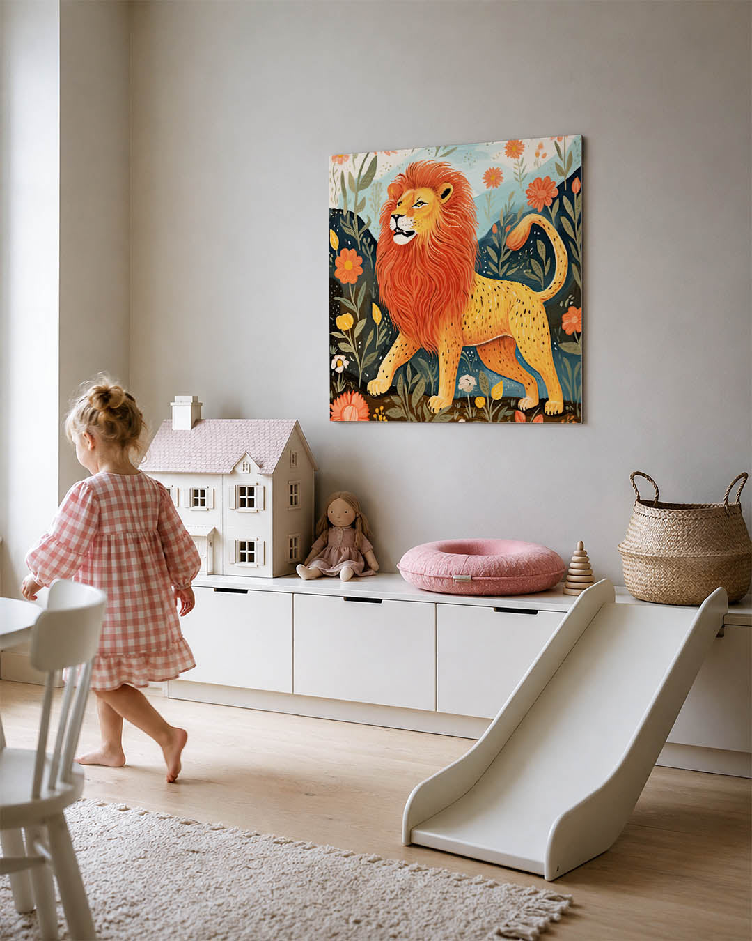 Leeuw in bloemenveld Kunstwerk
