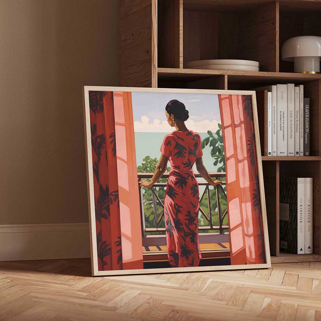 Vrouw op balkon Poster