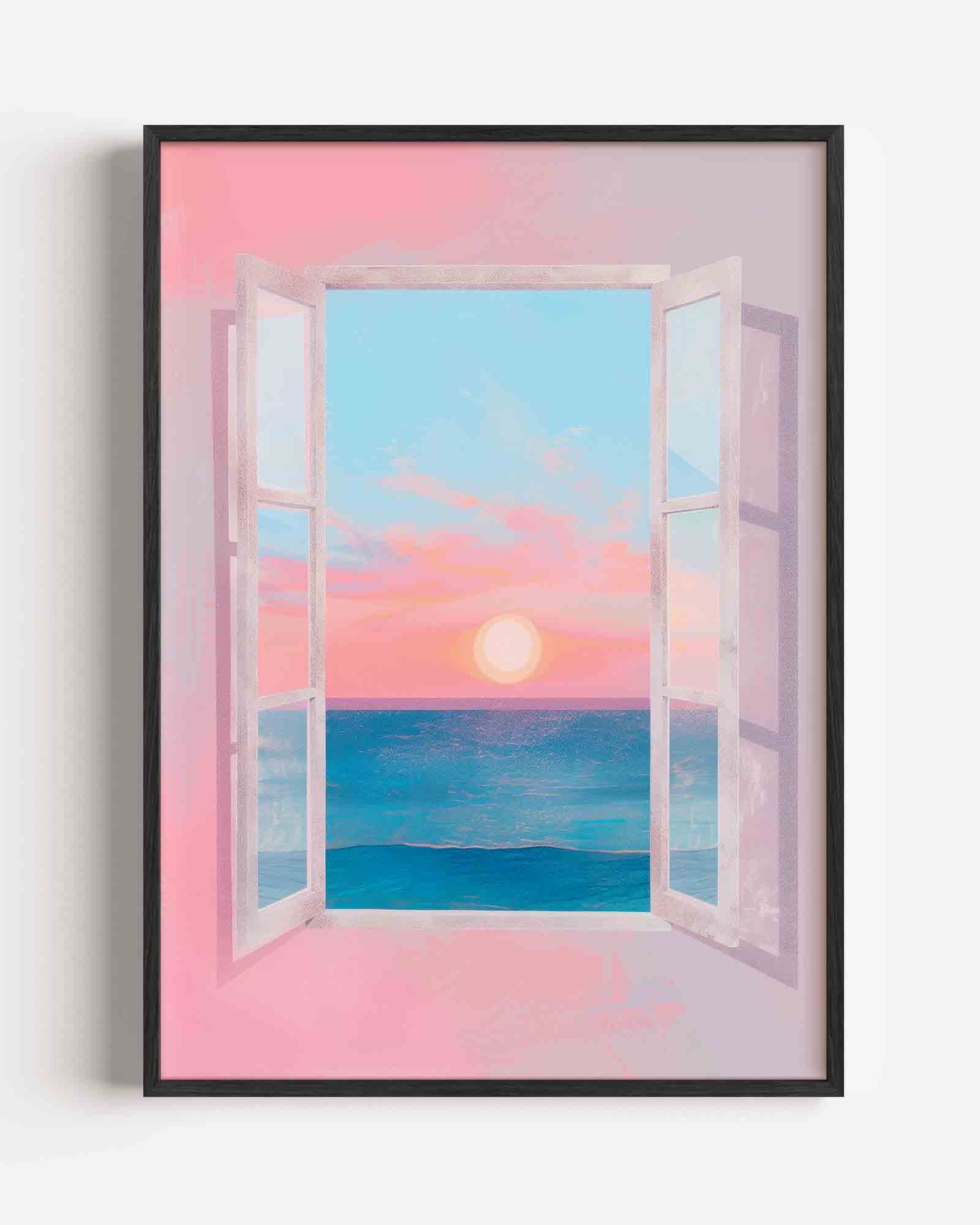 Zonsondergang bij open raam Poster