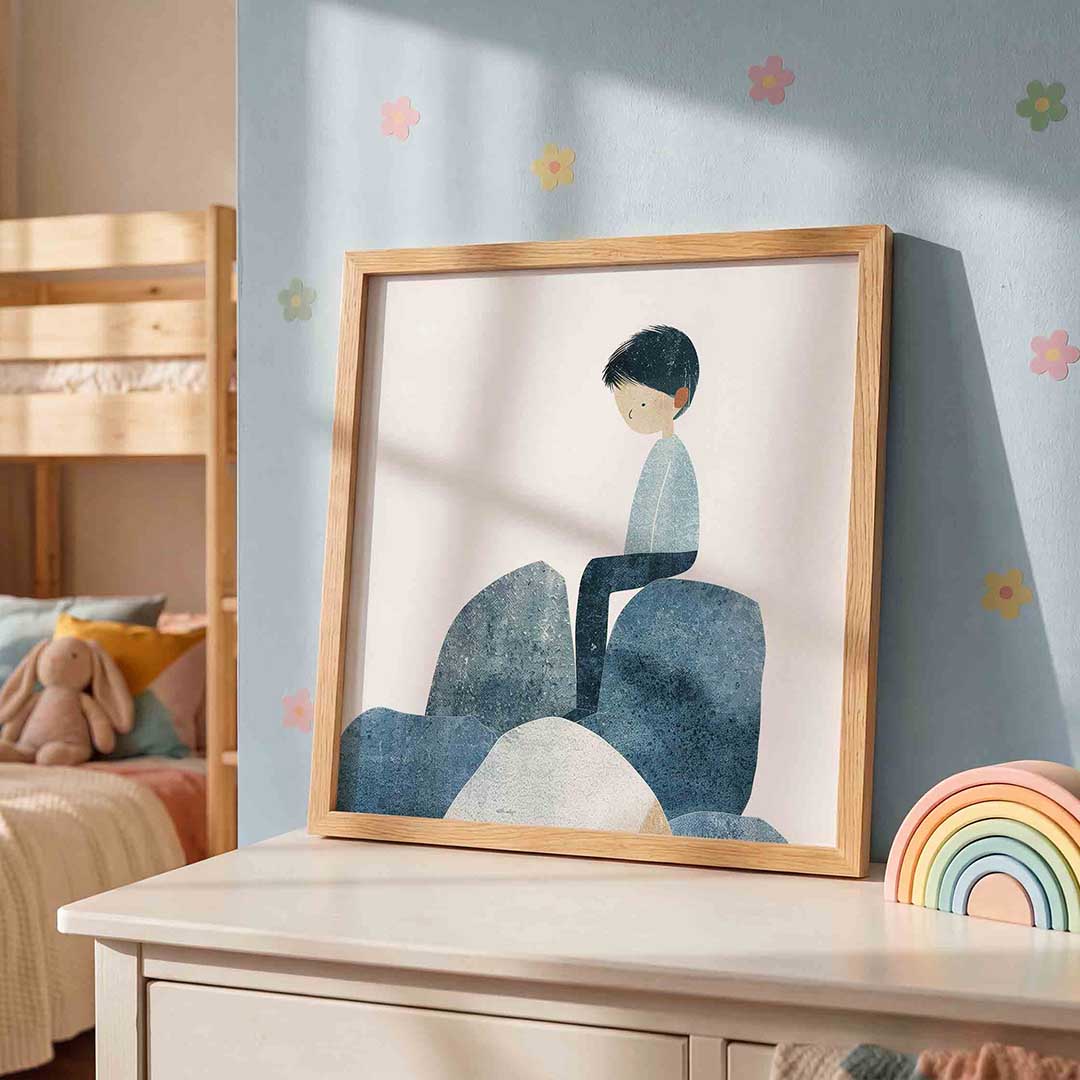 Zittende figuur op stenen Poster