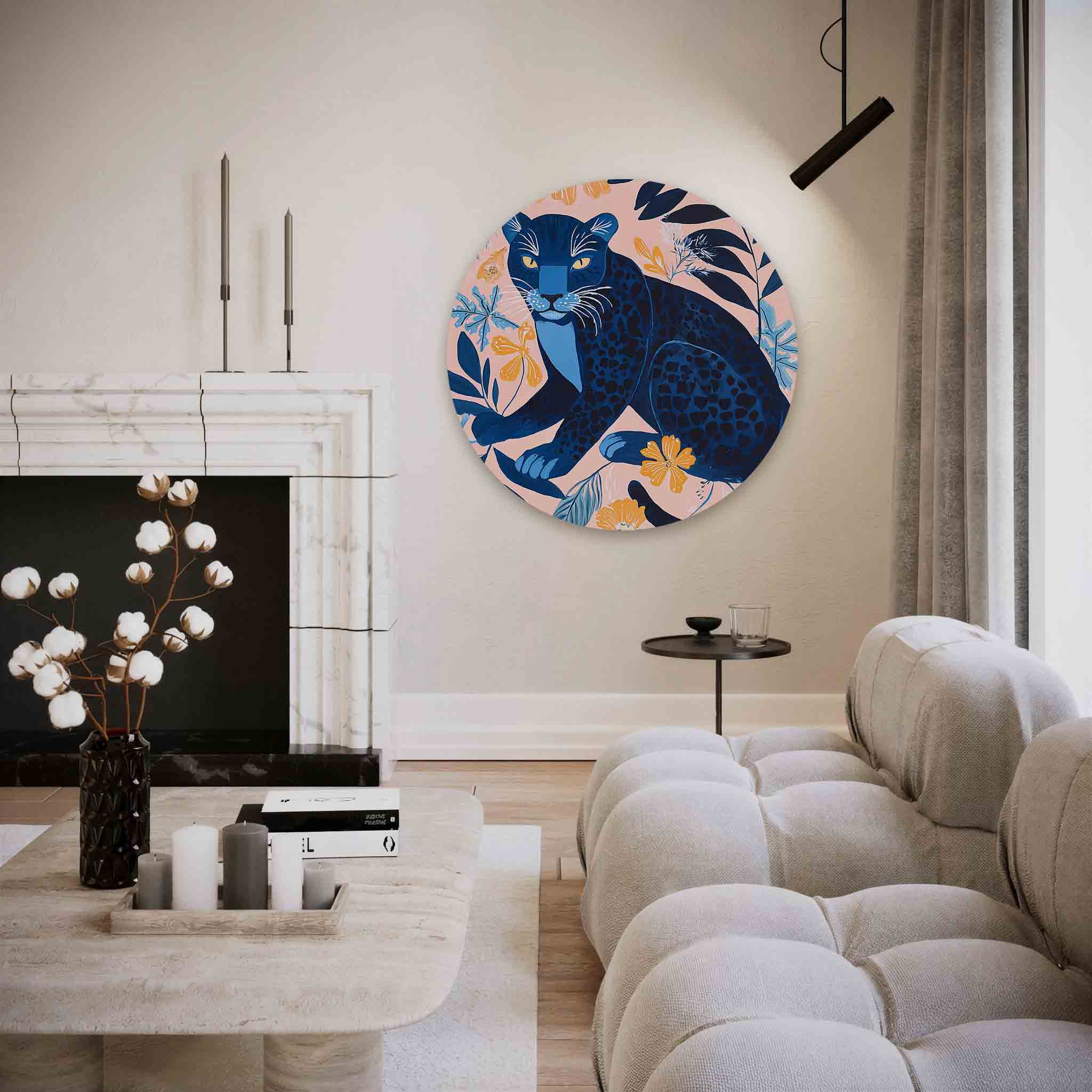 Blauwe panter met bloemen Muurcirkel