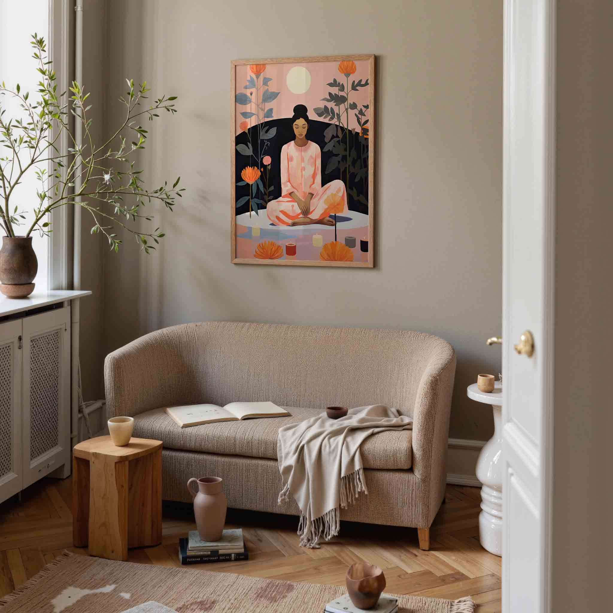 Mediterende vrouw met bloemen Poster