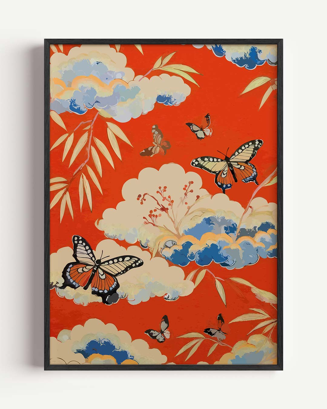 Vlinders en Wolken Op Rode Poster-WallArtistic