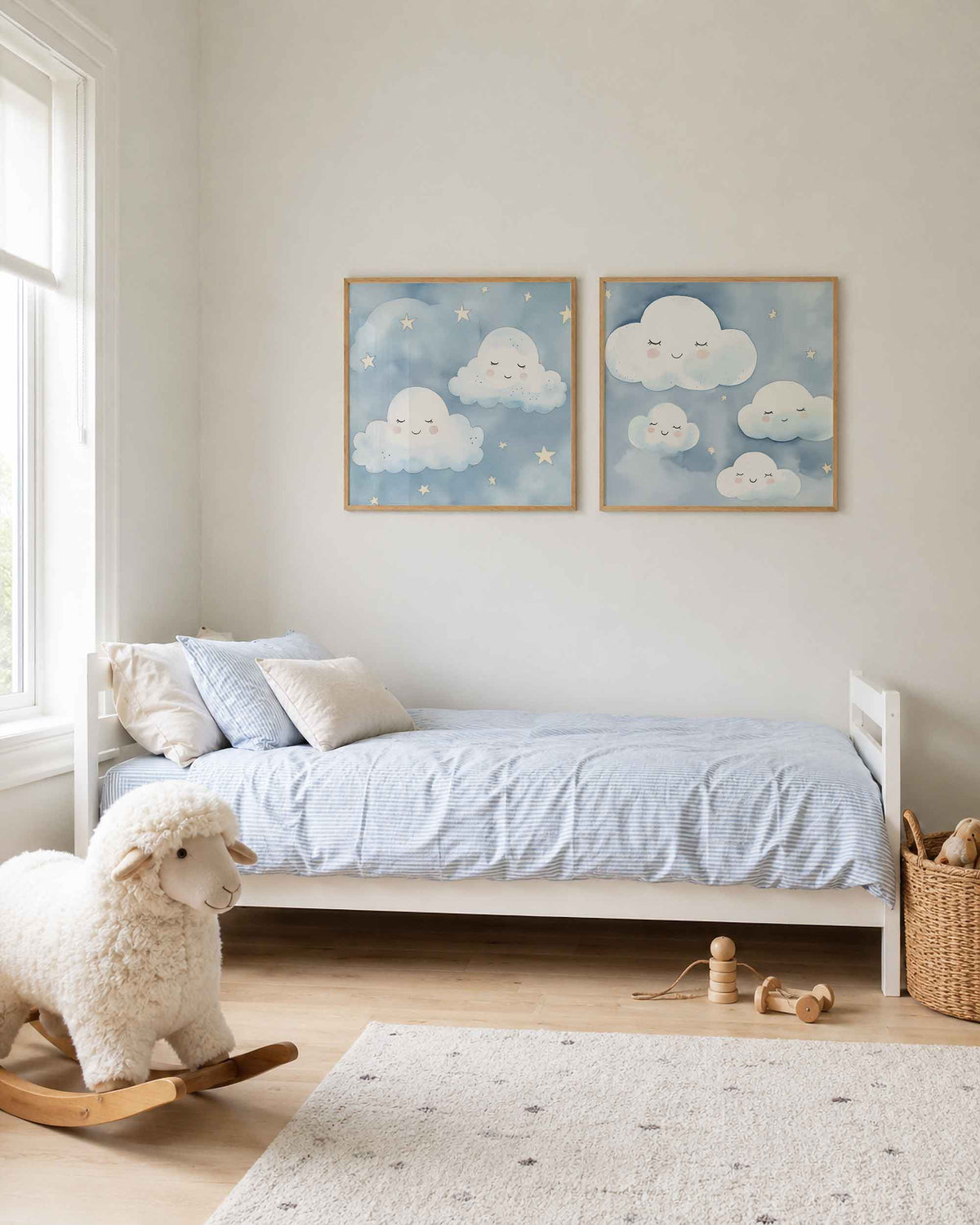 Interieurpresentatie van een tweedelige vierkante posterset met slapende wolken