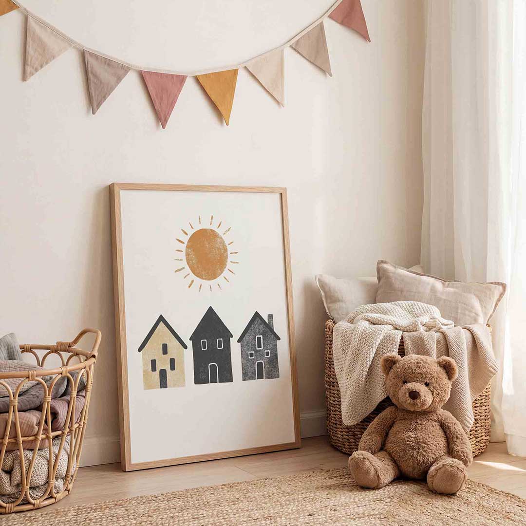 Drie huizen en zon Poster