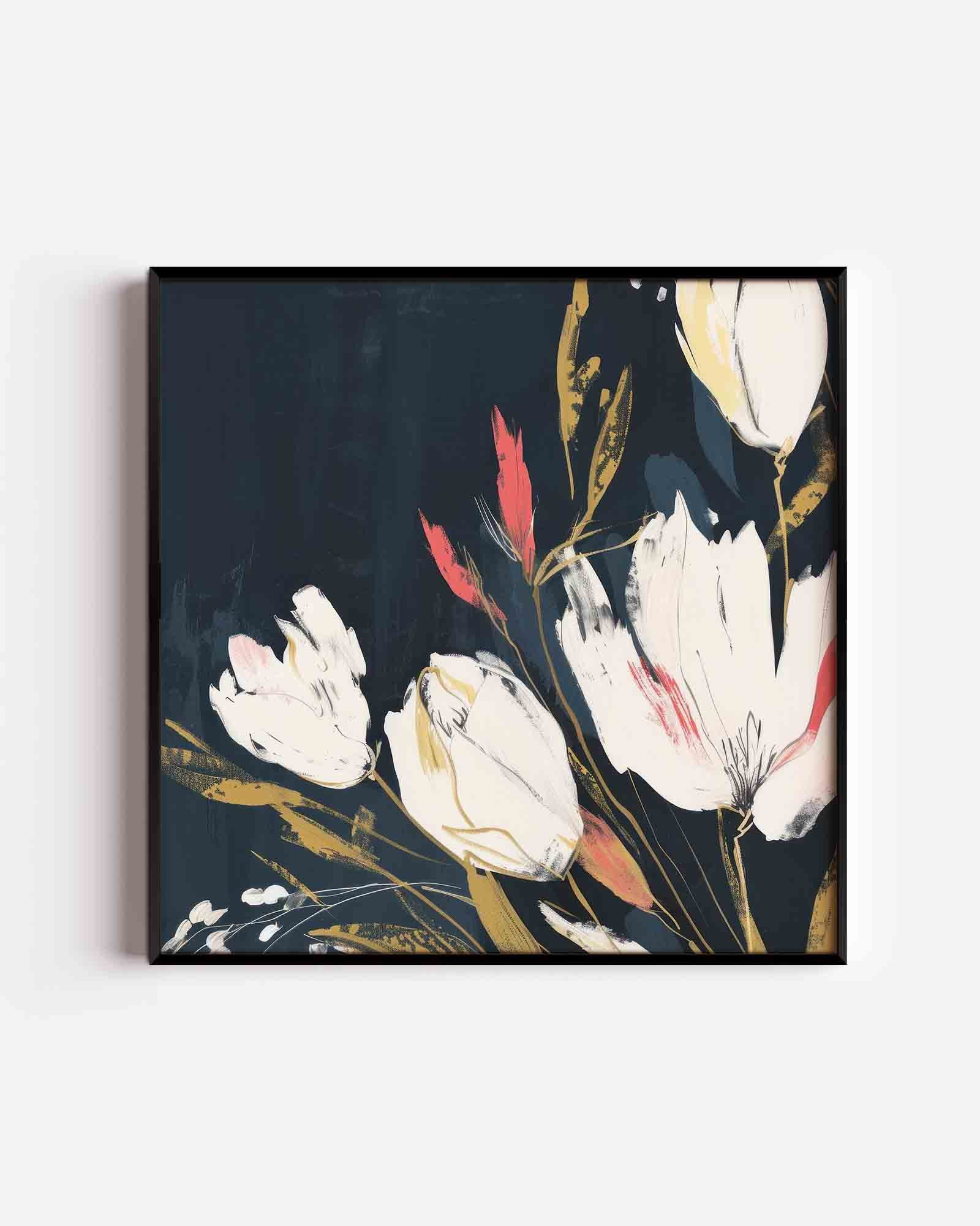 Witte bloemen op donkere achtergrond Poster
